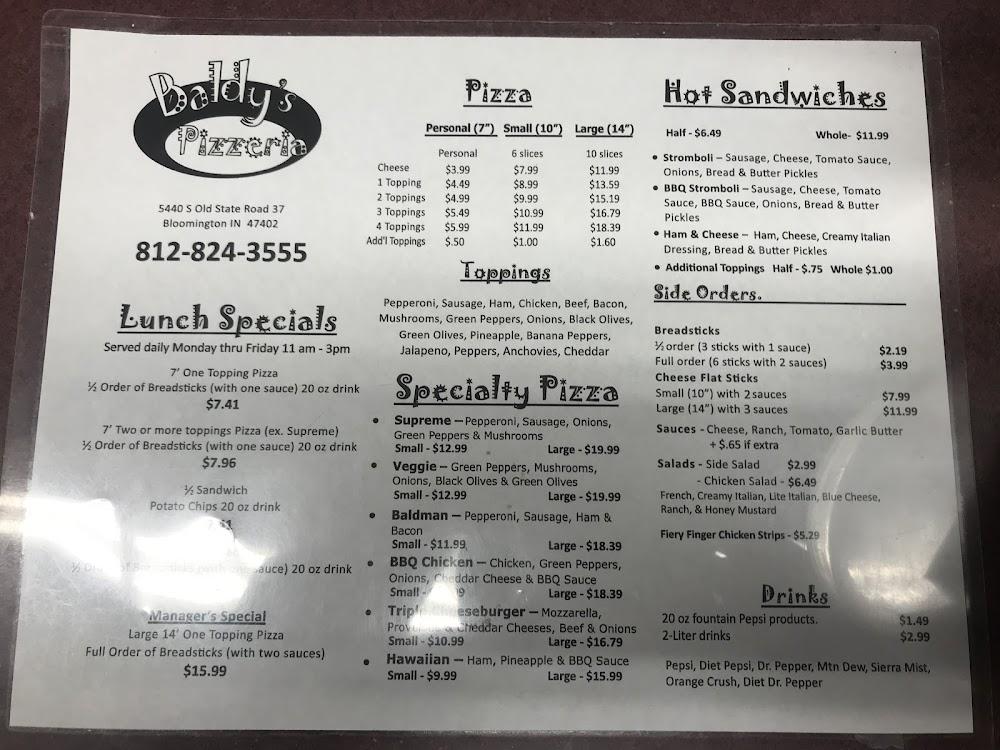 Baldy's Pizzeria Menu image 1